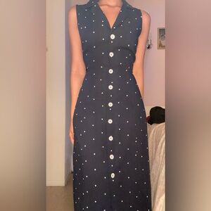 Navy V Neck Polka Dot Tie Back Midi Dress